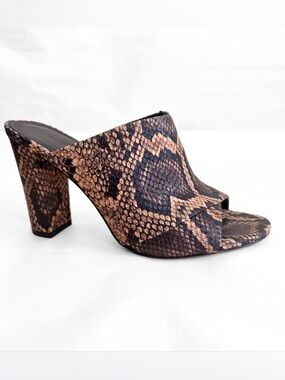 Vince Heath Snake Print Leather Mules Women 7.5 Block Heel Brown Open Toe Mobwif